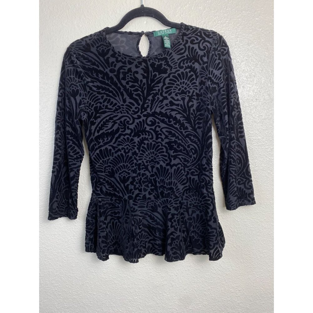 🩷 Lauren Ralph Lauren Black velvet Peplum Top Womens sz Small Holiday Party Eve